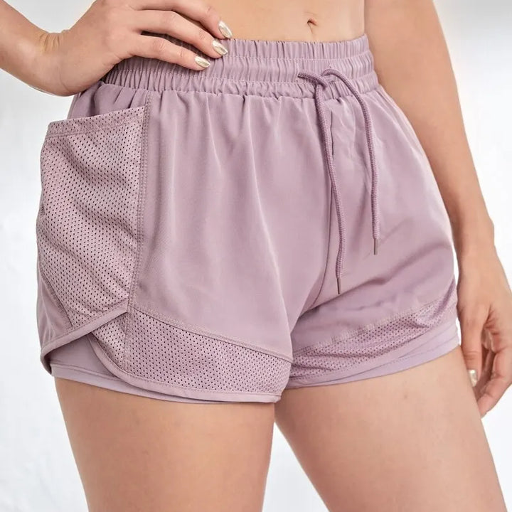 Women's Elastic Sports Shorts With Pockets, Fake Two-Piece