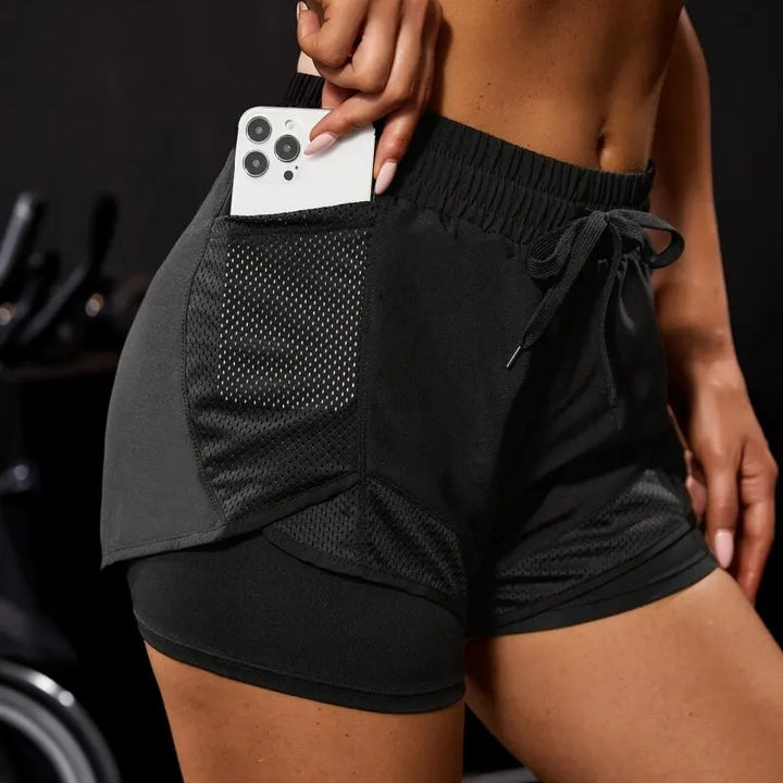 Women's Elastic Sports Shorts With Pockets, Fake Two-Piece